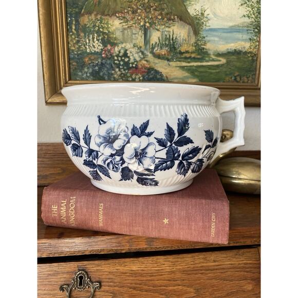 other Other - Rare Antique John Edwards Florence Pattern Chamber Pot Blue White Floral Pot